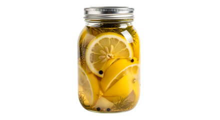 Preserved lemons in a glass jar, a vibrant and aromatic ingredient for cooking and zest.