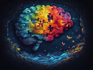 Rainbow Brain Puzzle Mockup with Cosmic Background and Missing Pieces