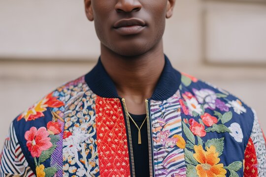 Patchwork jacket with floral embroidery and geometric patterns, contemporary men’s street style fashion