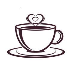 Dark purple coffee cup with heart shaped steam on white saucer vector