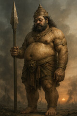 Kumbakarna, towering giant with spear, in smoky battlefield at dawn; mythic strength and tragedy. generative AI