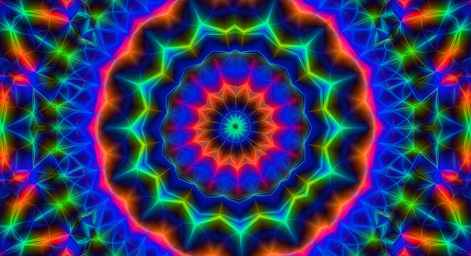 Kaleidoscopic pattern with vibrant colors creates a mesmerizing and psychedelic effect