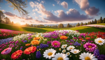 Fototapeta premium Blooming Meadow Captivating Visual Of A Vibrant Meticulously Crafted Spring Landscape Filled With Lively Flowers Creating An Artwork