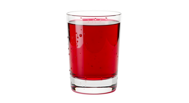Refreshing crimson drink in a clear glass, sparkling with tiny bubbles on a clean white background.