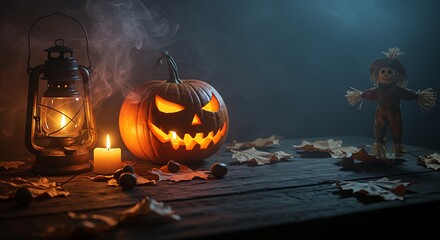 Naklejka premium Spooky Halloween scene featuring a carved pumpkin, lantern, candle, and scarecrow.