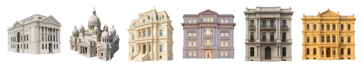 Fototapeta premium Grand architectural building set including neoclassical, historic, baroque, and ornate styles isolated. City and urban design elements.