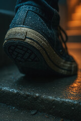 Close view of worn sneaker stepping on wet stair with raindrops; urban grit, motion and texture. generative AI