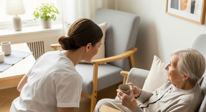 Caregiver talking to elderly woman in a cozy nursing home by the window