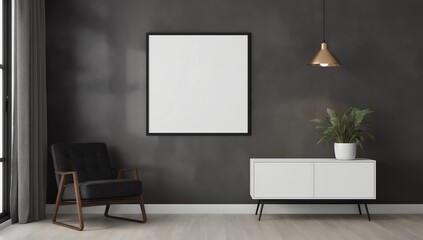 Modern dark loft living room interior with blank poster frame mockup on grey wall