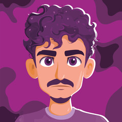 A young man with curly hair and a prominent mustache stares directly ahead. The background features a vivid purple color with abstract shapes, creating a captivating visual.