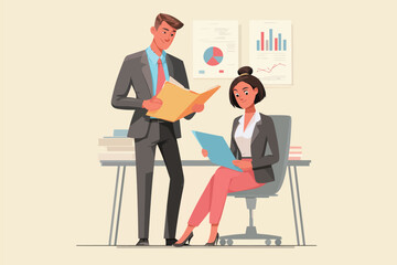 Two business professionals engage in a discussion about reports in a contemporary office environment.