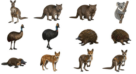 Collection of Australian Wildlife Animals Isolated on White Background