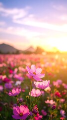 A breathtaking field of pink cosmos flowers in full bloom, bathed in the golden light of a beautiful sunrise.