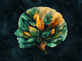 Leafy Head Mockup with Green and Yellow Leaves on Starry Background