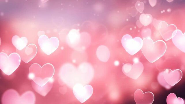 Romantic video background with a soft-focus, bokeh effect of floating pink hearts. Captured from a frontal angle, creating a dreamy atmosphere. Live desktop wallpaper.