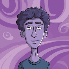 A cartoon character with curly hair and a neutral expression stands in front of a vibrant purple background featuring swirling patterns.