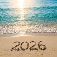 Number 2026 written on sand at beach with sea wave and sunset for new year holiday.