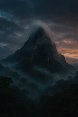 Moody solitary peak crowned with mist above dark rainforest at dawn; mysterious wilderness. generative AI