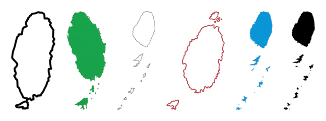 Grenada map set including solid color fills and outline variants isolated. Caribbean island geography collection.