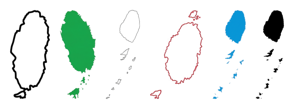 Grenada map set including solid color fills and outline variants isolated. Caribbean island geography collection.