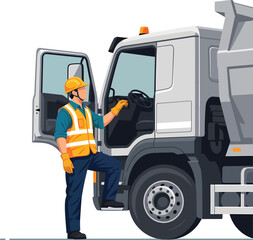 Construction worker in safety gear standing by a large truck.