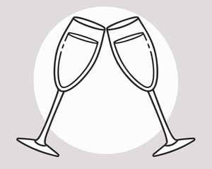 Line drawing of two champagne glasses toasting on a light grey circle flutes clinking