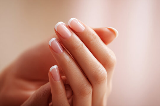 Classic French manicure highlights beautifully shaped nails, with a subtle pink hue and white tips. Hands rest gently together, showcasing a polished and elegant look in a serene setting