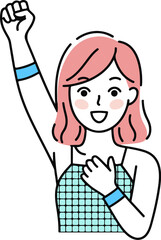 Fototapeta premium Joyful woman raising fist in victory and self-love gesture empowering female empowerment concept .eps