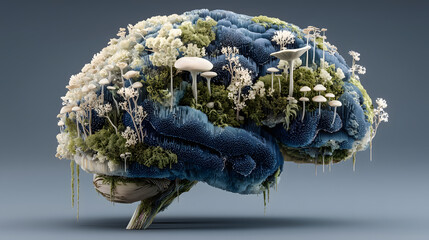 Brain with Mushrooms and Plants Surreal Artistic Concept AI Generated