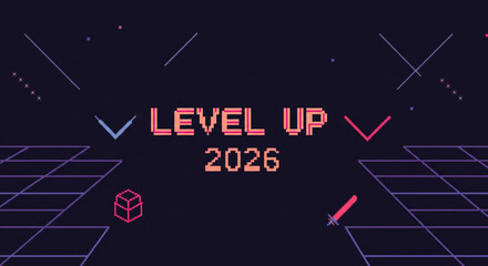 Retro Gaming Level Up 2026 with Grid and Pixelated Elements pixel art