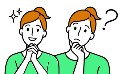 Two contrasting expressions of a young woman one happy excited and confident the other thoughtful and questioning .eps