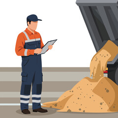 Construction worker with clipboard overseeing sand delivery from truck.