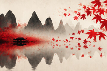 A serene landscape showcases fog-covered mountains reflected in calm waters, surrounded by autumn foliage and a solitary red house by the shore