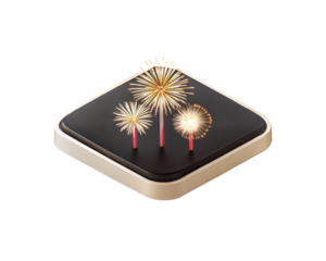 Three golden sparklers on red sticks on a dark isometric platform firework light