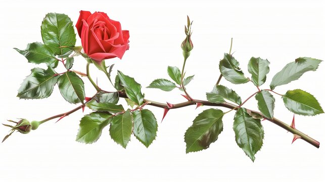Blooming Red Rose Vine with Thorns and Glossy Green Leaves