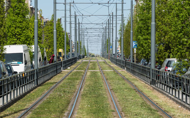 Perspective view over the tramway tracks at the Charles Woeste Avenue, Jette, Belgium