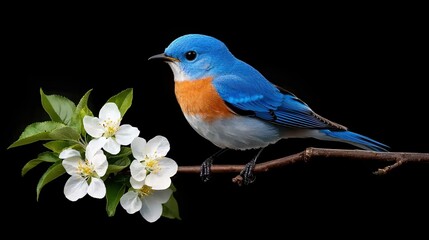 A vibrant blue bird perched on a branch adorned with white flowers against a dark background, This image can enhance nature-themed projects, articles on wildlife, or decorative prints,
