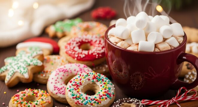 Hot cocoa with melting marshmallows in a red mug and colorful Christmas cookies with sprinkles on a wooden table. New year treats concept. - Powered by Adobe