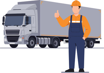 Truck driver giving thumbs up next to a large cargo truck.