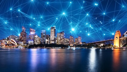 sydney city skyline at night with digital network connecting the modern city sydney australia