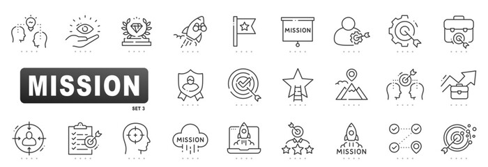 Mission outline icons illustrating vision, goal, target, strategy, roadmap, leadership, teamwork, success, milestone, checklist, rocket launch, presentation, KPI, OKR, progress