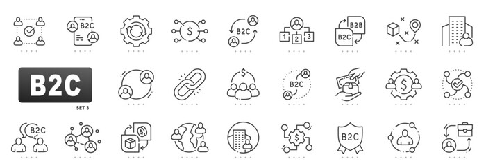 Clean B2C outline icons for ecommerce marketing: consumer targeting, conversion funnel, checkout, delivery, loyalty, analytics, CRM, mobile, global, retention, brand