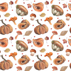 Seamless pattern with orange pumpkins, mushrooms, autumn leaves. The watercolor illustration is hand-drawn in a botanical style. For packaging design, textiles, gift paper, and autumn printing