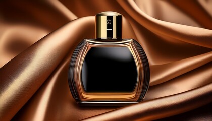 A Sleek Black Perfume Bottle With A Gold Bordered Label Rests On Luxurious Bronze Satin Drapery Evoking Opulence Refined Style And Sensual Fragrance