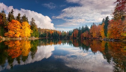 Fototapeta premium A Serene Lake Reflecting The Vibrant Colors Of Autumn Foliage Surrounded By Tall Trees And Clouds In The Sky