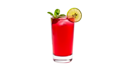 Refreshing crimson beverage with ice, mint, and a lime slice, perfect for a summer day.
