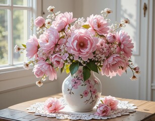 Obraz premium Elegant bouquet of soft pink peonies and delicate white blossoms in a floral vase, bathed in gentle natural light.