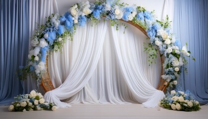 maternity backdrop wedding backdrop photography background maternity props light hoop weaved with blue flowers white flowers elegant wall background flowing white satin drape backdrop