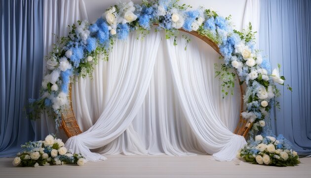 maternity backdrop wedding backdrop photography background maternity props light hoop weaved with blue flowers white flowers elegant wall background flowing white satin drape backdrop - Powered by Adobe