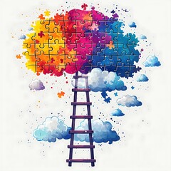 Puzzle Cloud Mockup with Wooden Ladder in Blue Sky
